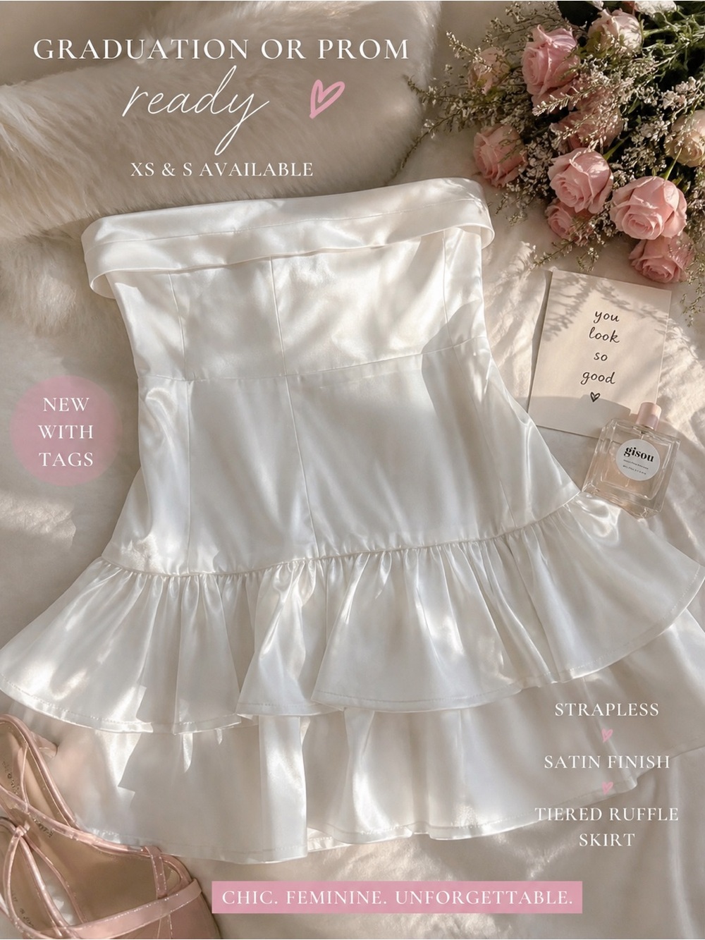 Hello Molly White Satin Strapless Tiered Ruffle Dress size x-small